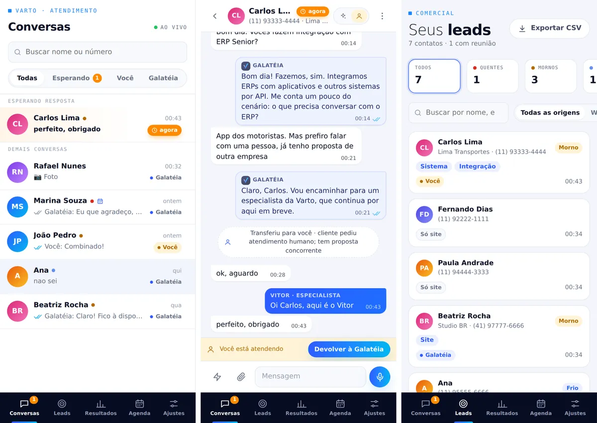 Painel de conversas e leads qualificados no celular